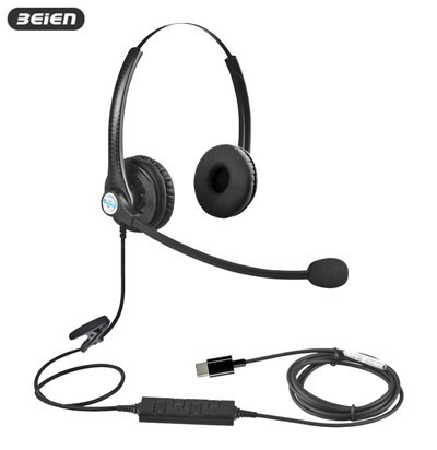 Headset USB-C ganda kabel untuk kantor